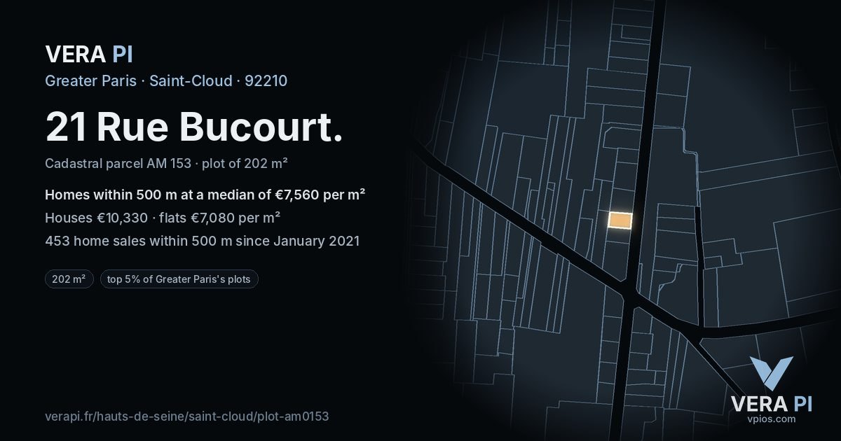 21 Rue Bucourt, Saint-Cloud at night – the plot lit, the parcels around coloured by the prices near them