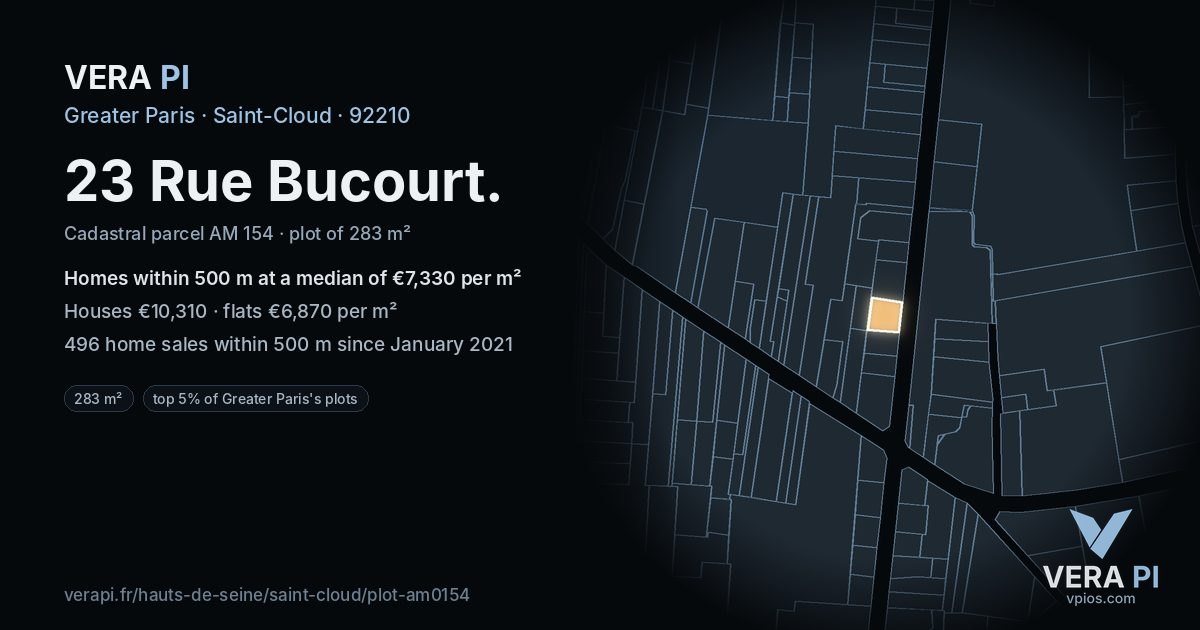 23 Rue Bucourt, Saint-Cloud at night – the plot lit, the parcels around coloured by the prices near them