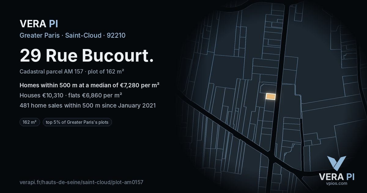 29 Rue Bucourt, Saint-Cloud at night – the plot lit, the parcels around coloured by the prices near them