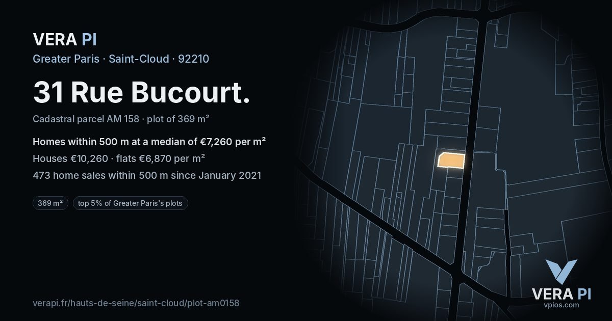 31 Rue Bucourt, Saint-Cloud at night – the plot lit, the parcels around coloured by the prices near them