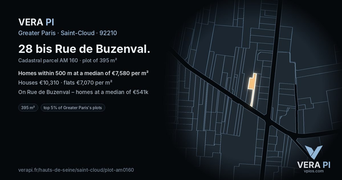 28 bis Rue de Buzenval, Saint-Cloud at night – the plot lit, the parcels around coloured by the prices near them