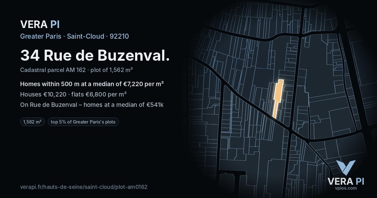 34 Rue de Buzenval, Saint-Cloud at night – the plot lit, the parcels around coloured by the prices near them