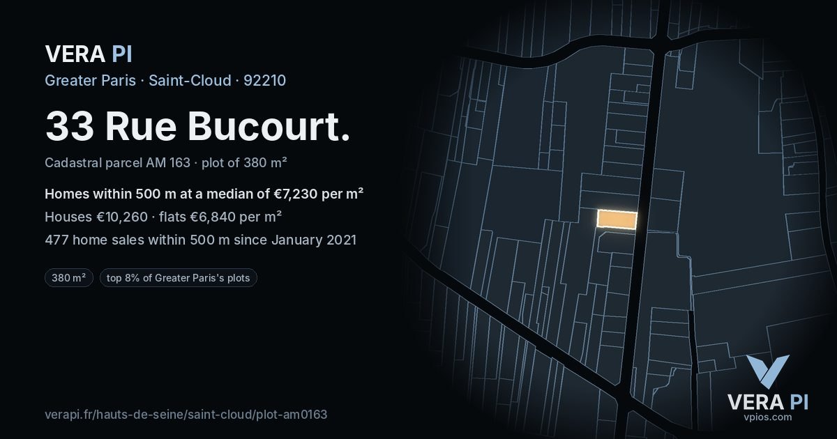 33 Rue Bucourt, Saint-Cloud at night – the plot lit, the parcels around coloured by the prices near them