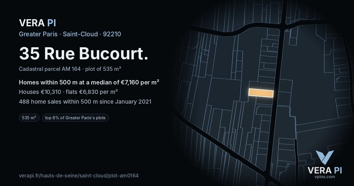 35 Rue Bucourt, Saint-Cloud at night – the plot lit, the parcels around coloured by the prices near them