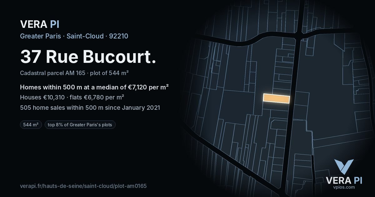 37 Rue Bucourt, Saint-Cloud at night – the plot lit, the parcels around coloured by the prices near them