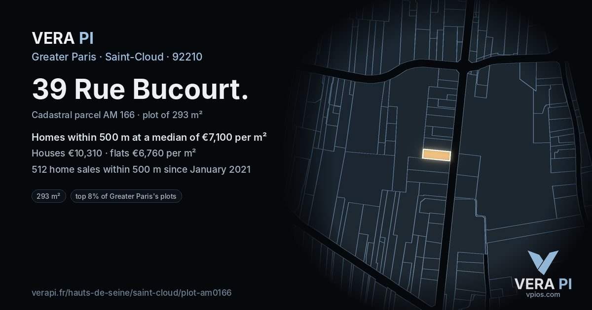 39 Rue Bucourt, Saint-Cloud at night – the plot lit, the parcels around coloured by the prices near them