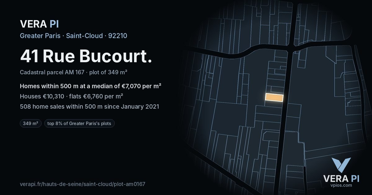 41 Rue Bucourt, Saint-Cloud at night – the plot lit, the parcels around coloured by the prices near them