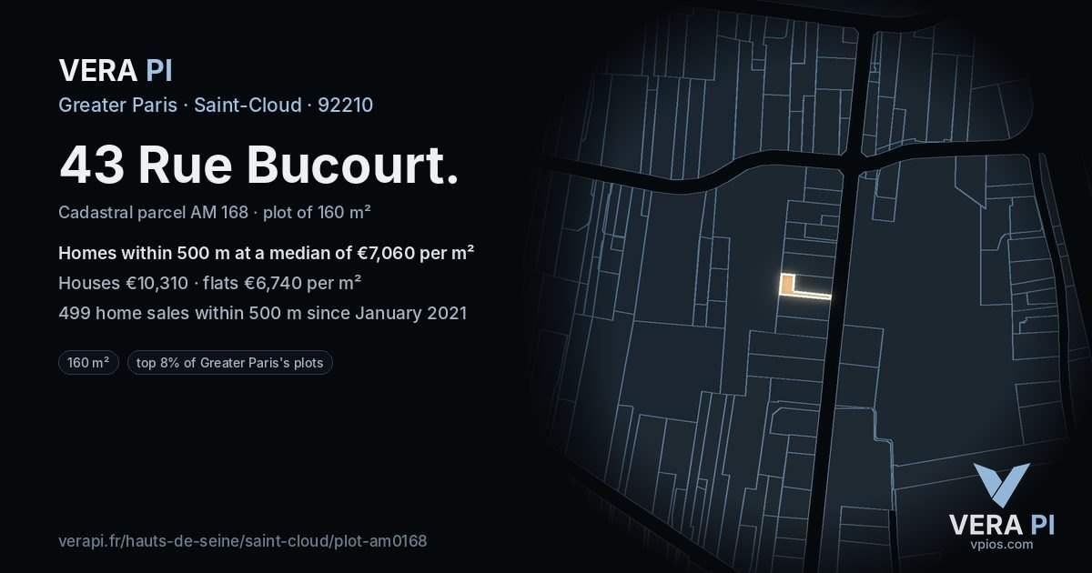 43 Rue Bucourt, Saint-Cloud at night – the plot lit, the parcels around coloured by the prices near them