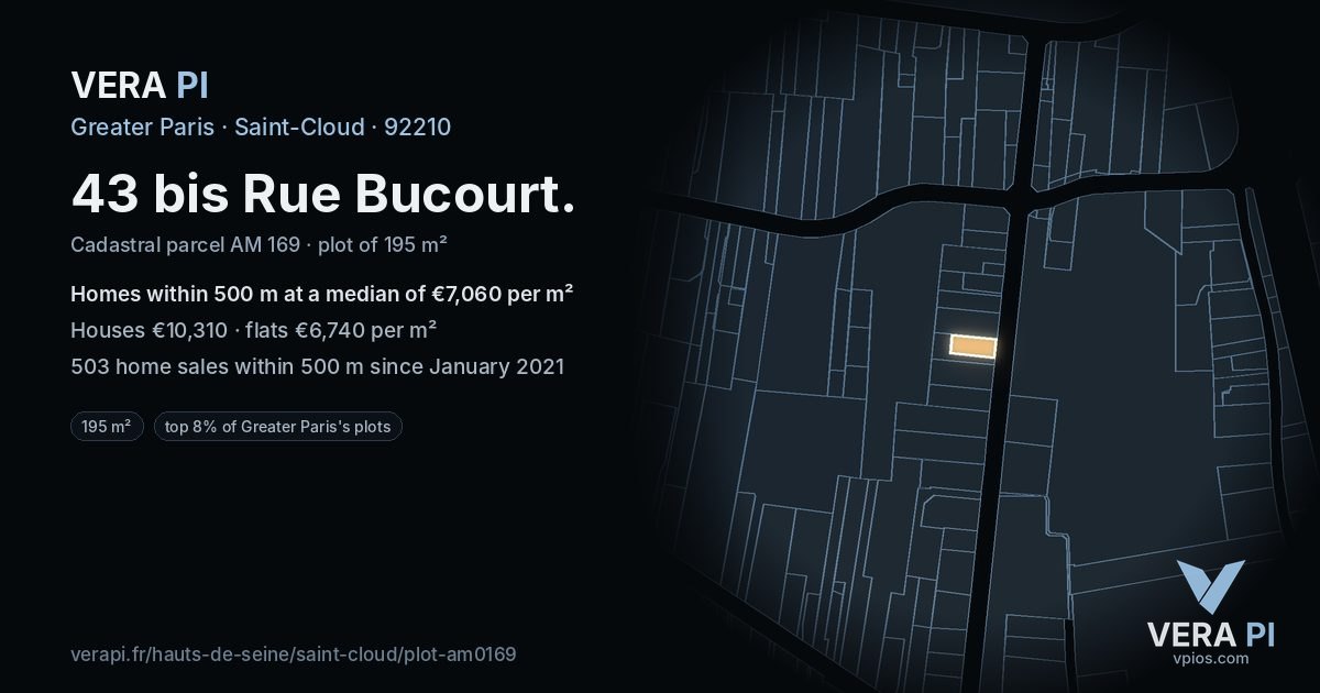43 bis Rue Bucourt, Saint-Cloud at night – the plot lit, the parcels around coloured by the prices near them