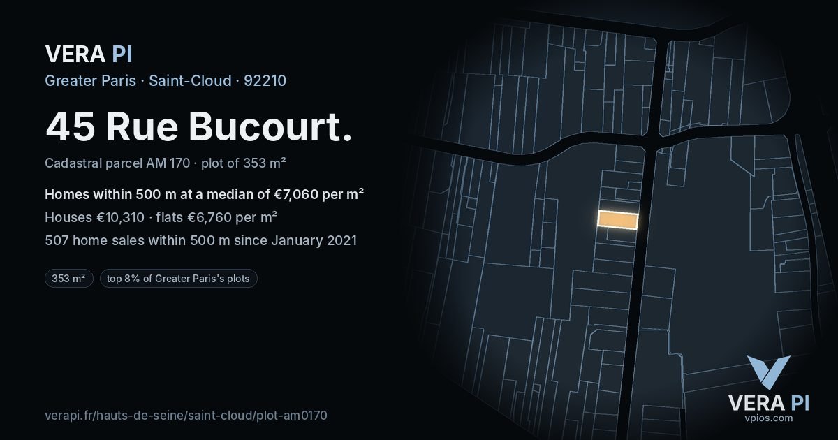 45 Rue Bucourt, Saint-Cloud at night – the plot lit, the parcels around coloured by the prices near them