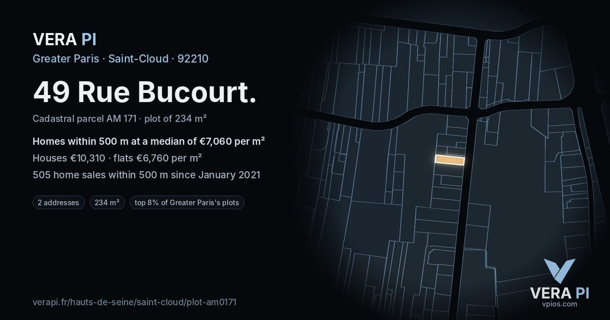 49 Rue Bucourt, Saint-Cloud at night – the plot lit, the parcels around coloured by the prices near them