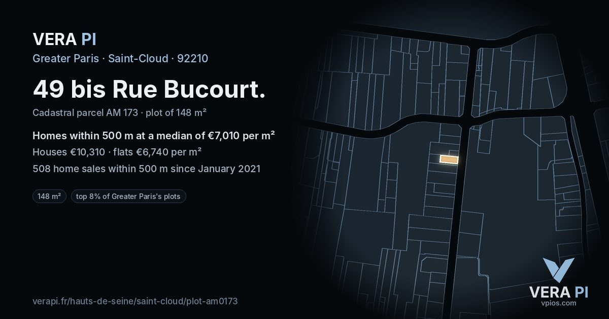 49 bis Rue Bucourt, Saint-Cloud at night – the plot lit, the parcels around coloured by the prices near them
