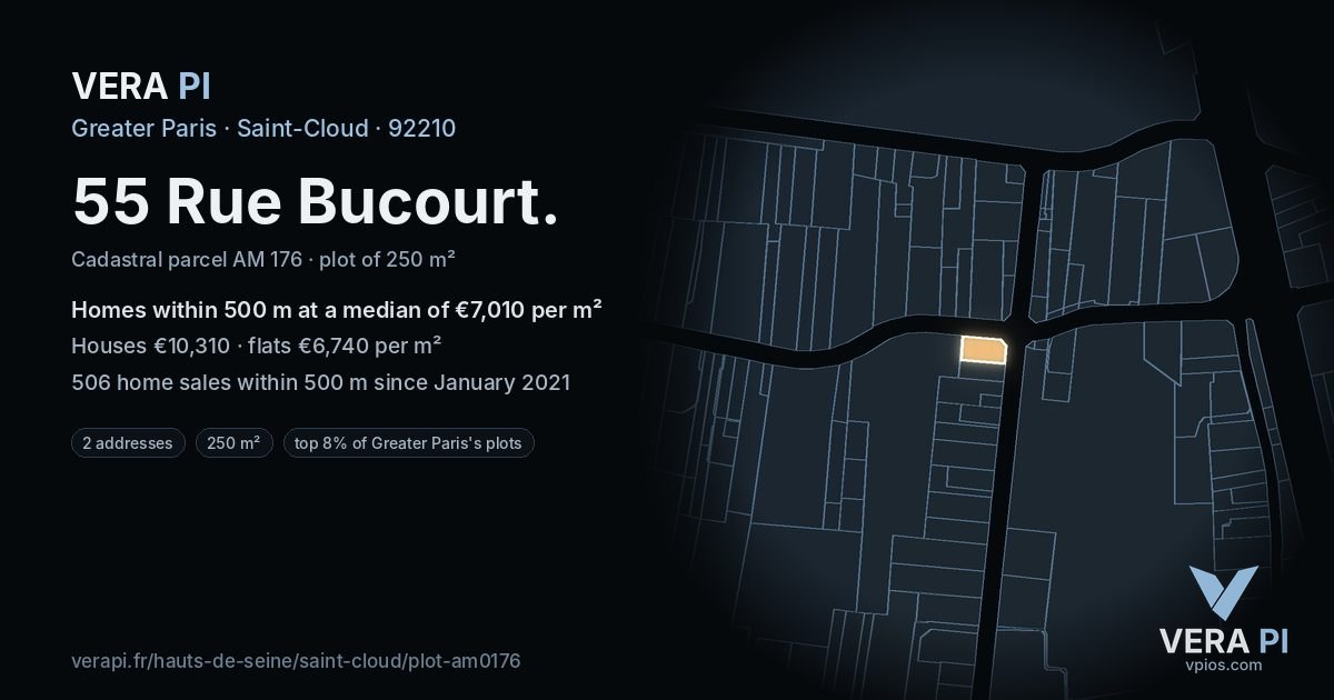 55 Rue Bucourt, Saint-Cloud at night – the plot lit, the parcels around coloured by the prices near them