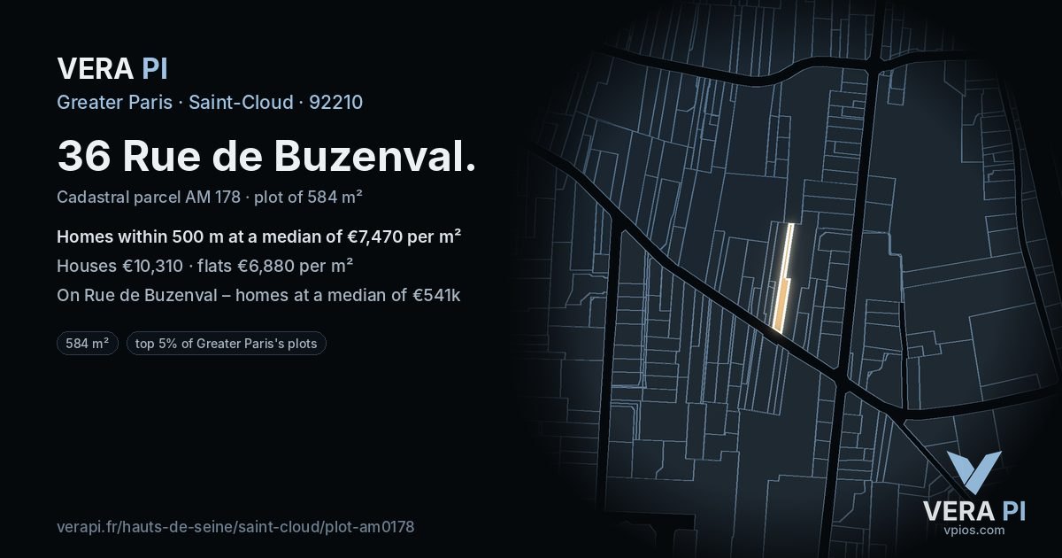 36 Rue de Buzenval, Saint-Cloud at night – the plot lit, the parcels around coloured by the prices near them