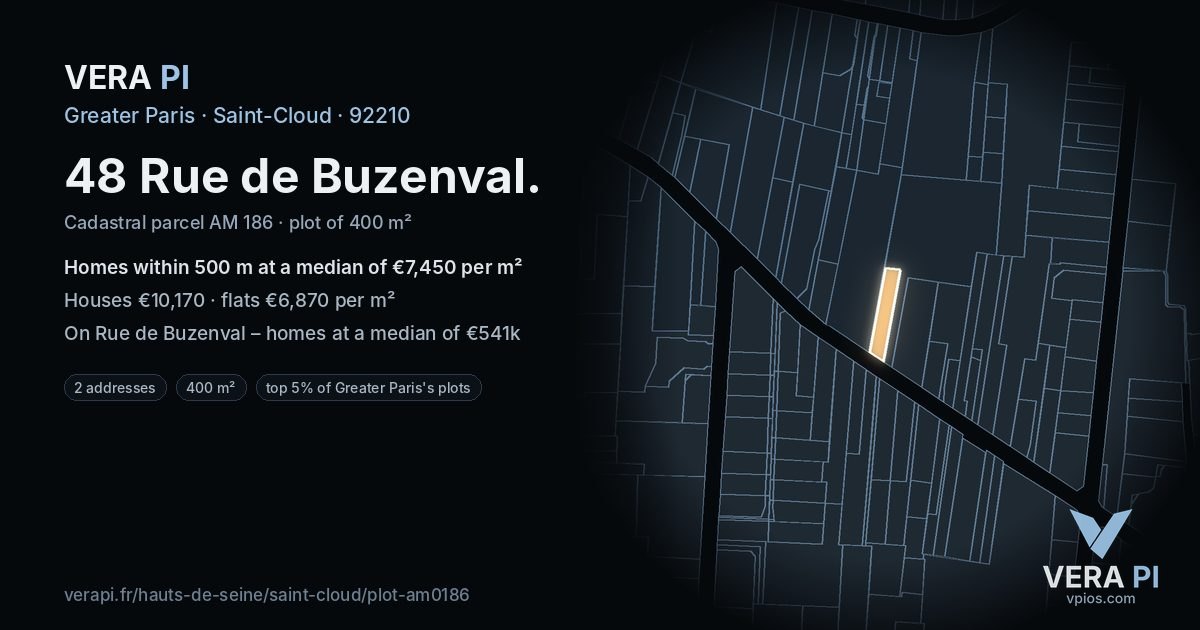 48 Rue de Buzenval, Saint-Cloud at night – the plot lit, the parcels around coloured by the prices near them