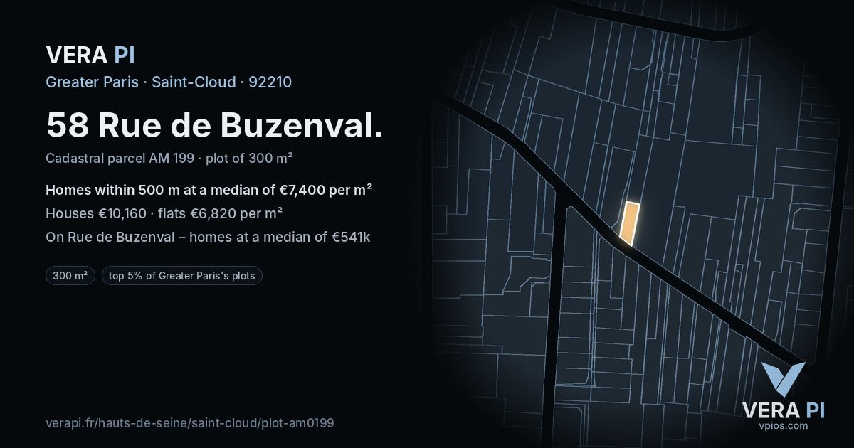 58 Rue de Buzenval, Saint-Cloud at night – the plot lit, the parcels around coloured by the prices near them
