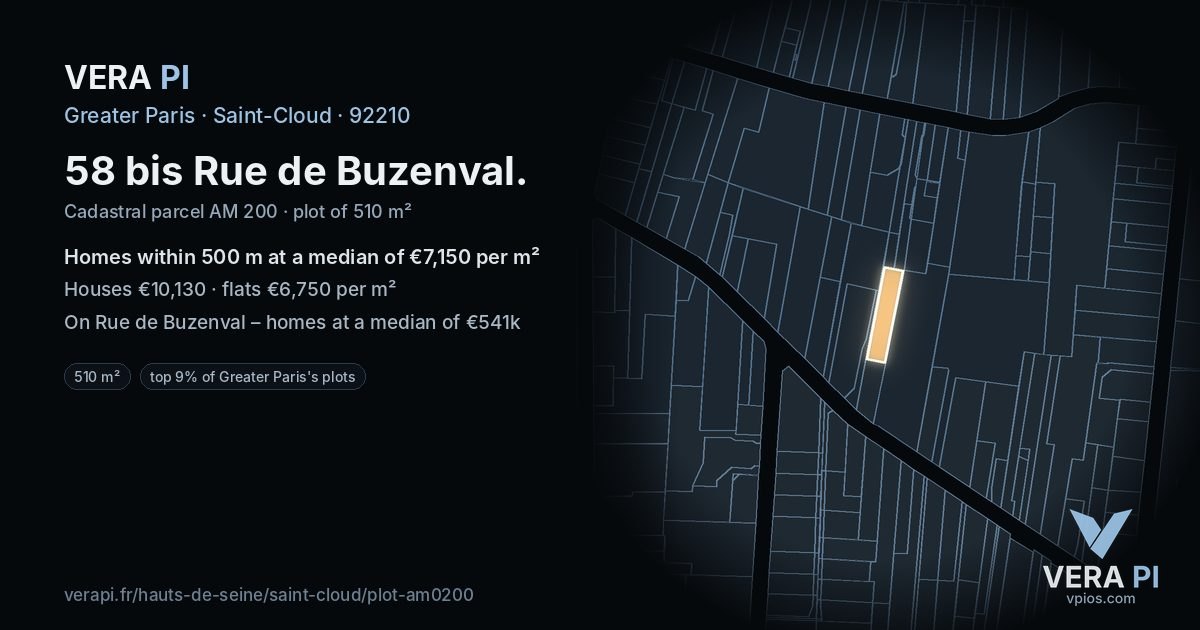 58 bis Rue de Buzenval, Saint-Cloud at night – the plot lit, the parcels around coloured by the prices near them
