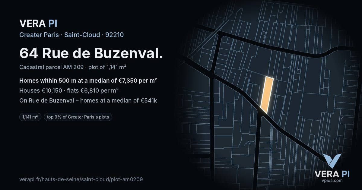 64 Rue de Buzenval, Saint-Cloud at night – the plot lit, the parcels around coloured by the prices near them