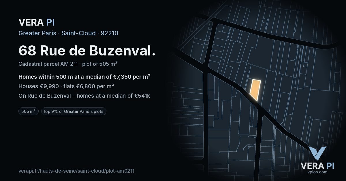 68 Rue de Buzenval, Saint-Cloud at night – the plot lit, the parcels around coloured by the prices near them