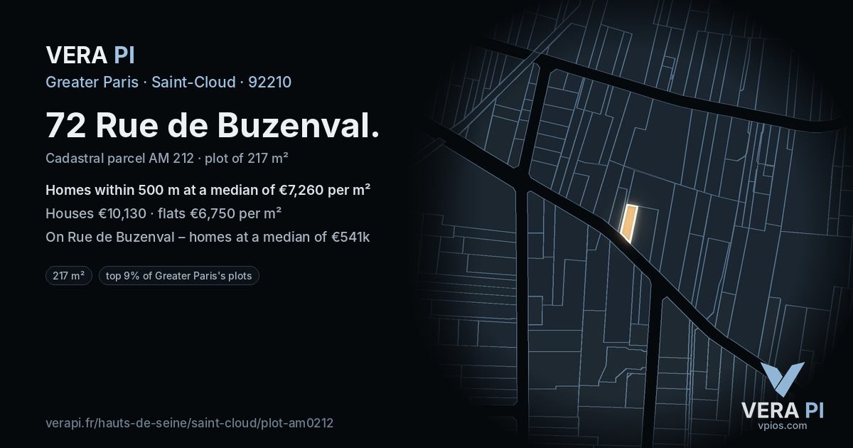 72 Rue de Buzenval, Saint-Cloud at night – the plot lit, the parcels around coloured by the prices near them