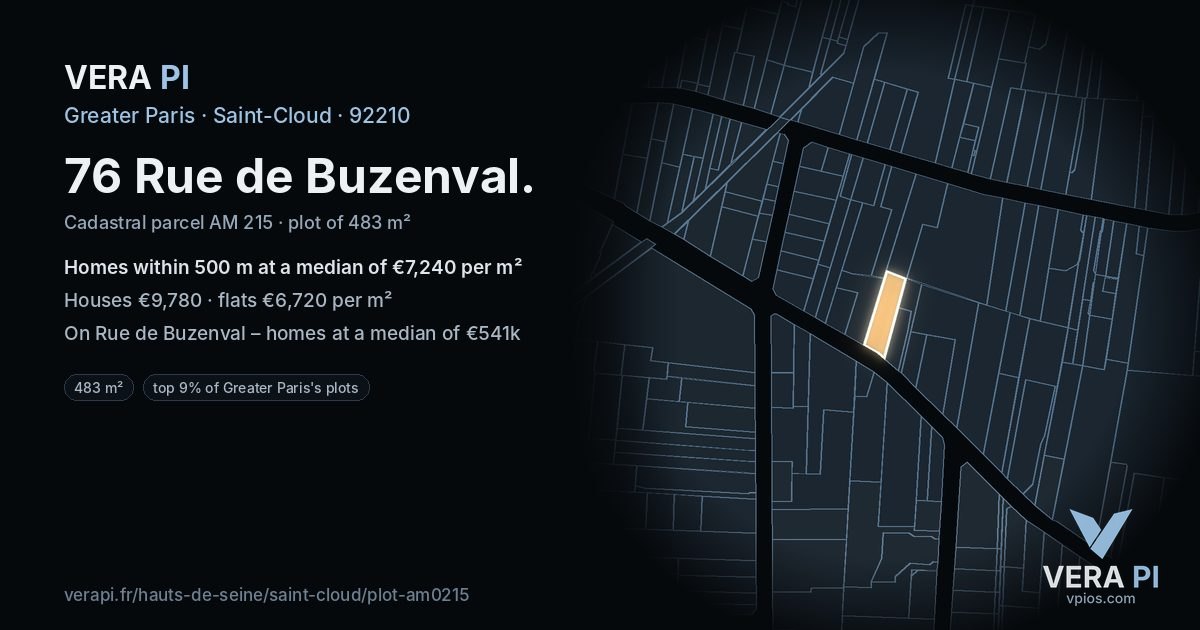 76 Rue de Buzenval, Saint-Cloud at night – the plot lit, the parcels around coloured by the prices near them