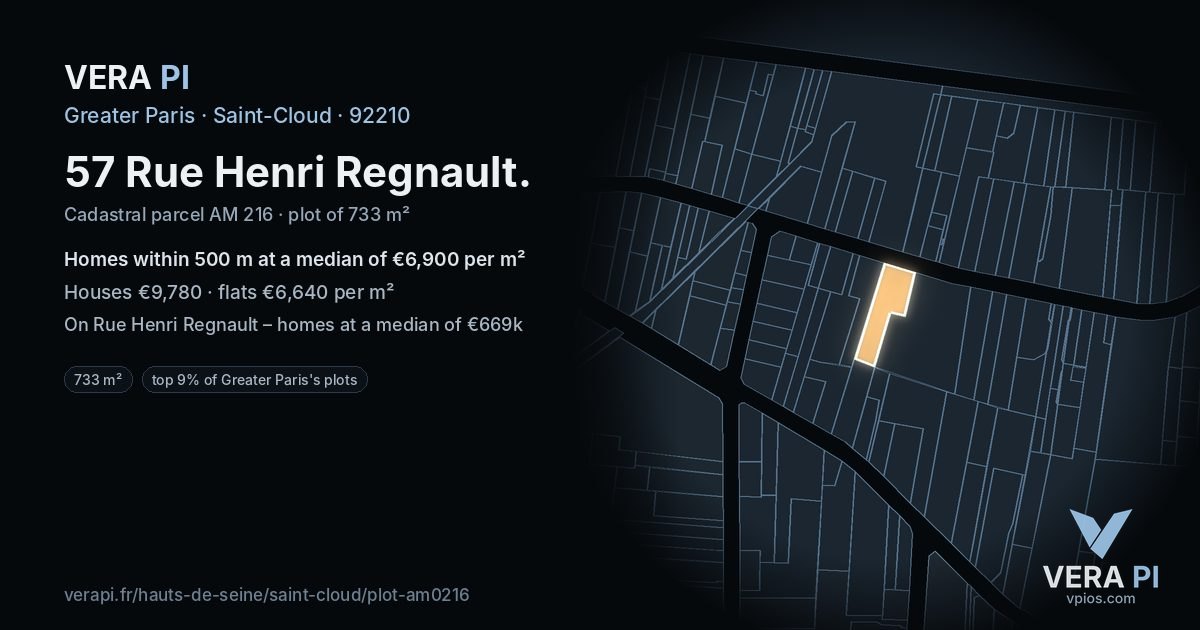 57 Rue Henri Regnault, Saint-Cloud at night – the plot lit, the parcels around coloured by the prices near them