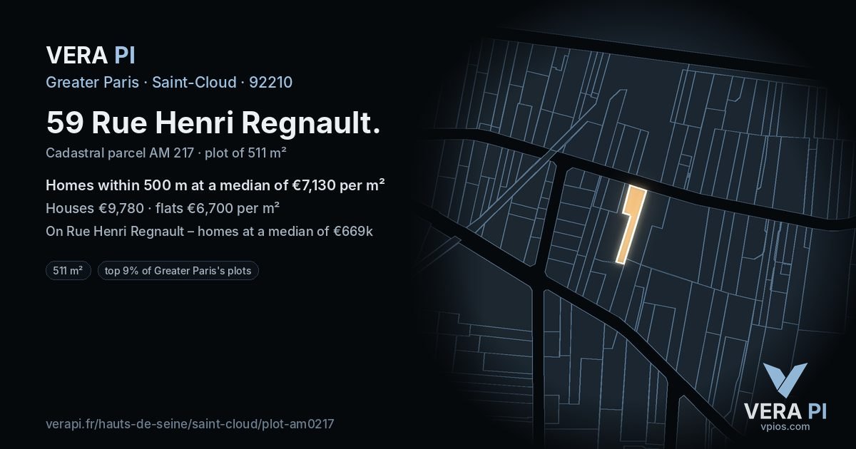 59 Rue Henri Regnault, Saint-Cloud at night – the plot lit, the parcels around coloured by the prices near them