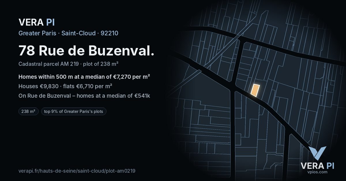 78 Rue de Buzenval, Saint-Cloud at night – the plot lit, the parcels around coloured by the prices near them