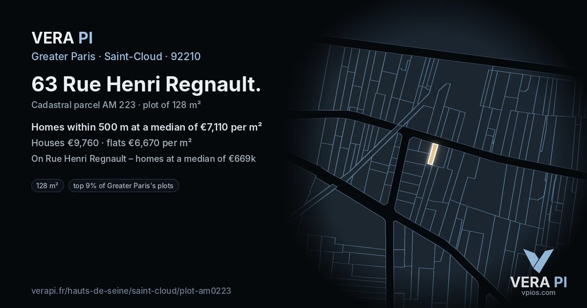 63 Rue Henri Regnault, Saint-Cloud at night – the plot lit, the parcels around coloured by the prices near them