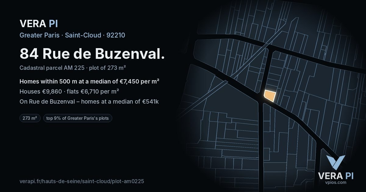 84 Rue de Buzenval, Saint-Cloud at night – the plot lit, the parcels around coloured by the prices near them