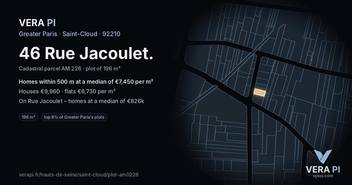 46 Rue Jacoulet, Saint-Cloud at night – the plot lit, the parcels around coloured by the prices near them