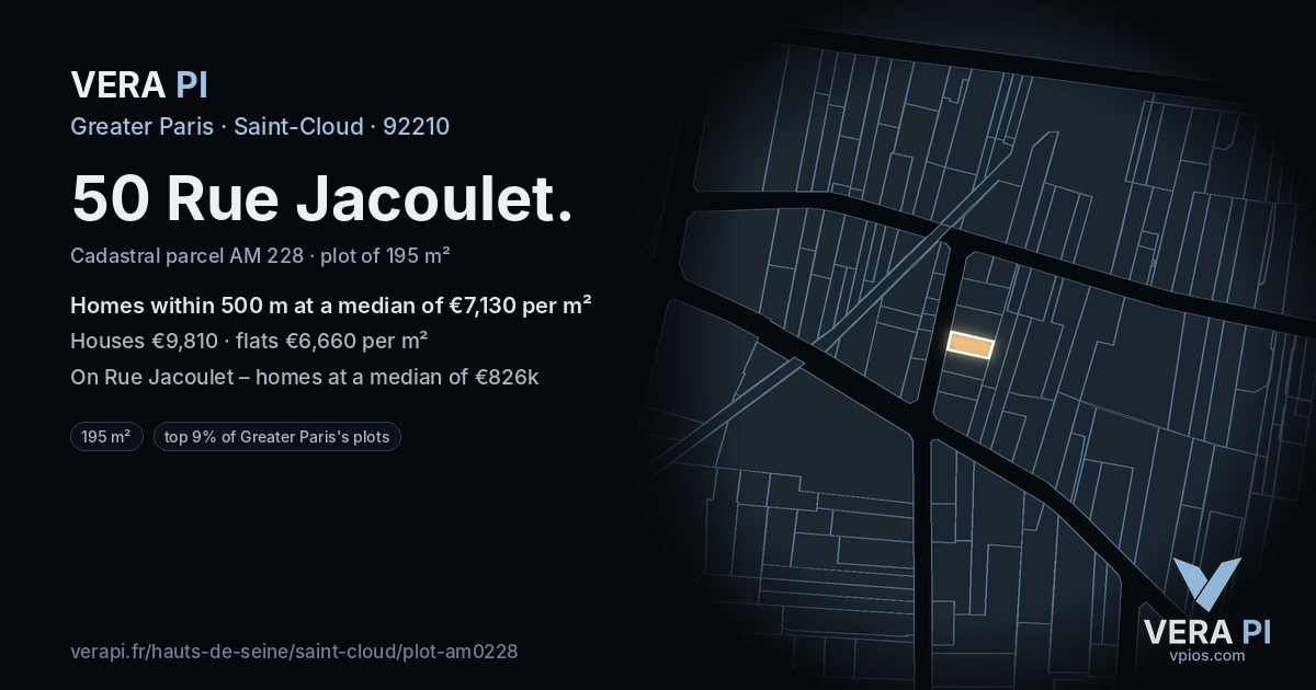 50 Rue Jacoulet, Saint-Cloud at night – the plot lit, the parcels around coloured by the prices near them