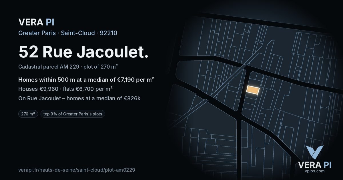52 Rue Jacoulet, Saint-Cloud at night – the plot lit, the parcels around coloured by the prices near them
