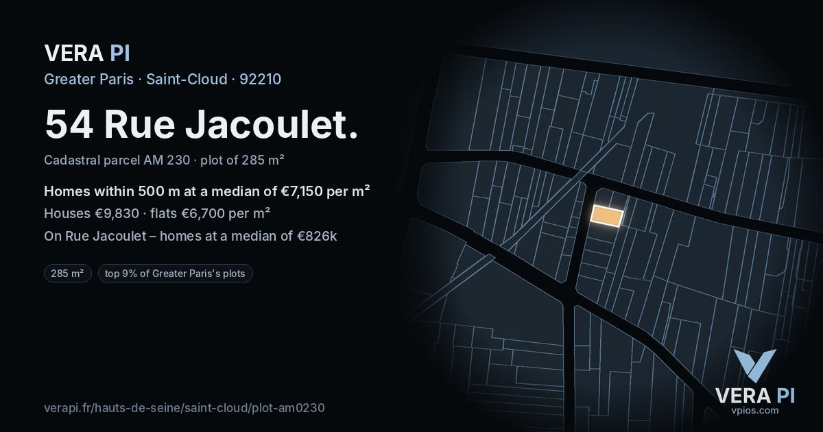 54 Rue Jacoulet, Saint-Cloud at night – the plot lit, the parcels around coloured by the prices near them