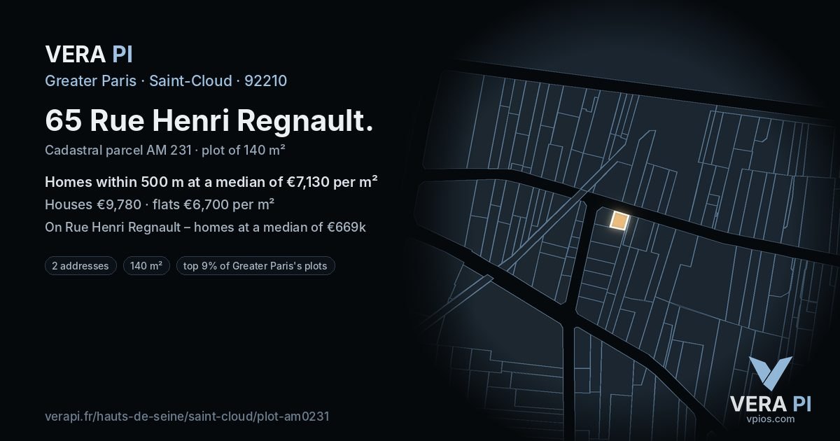 65 Rue Henri Regnault, Saint-Cloud at night – the plot lit, the parcels around coloured by the prices near them