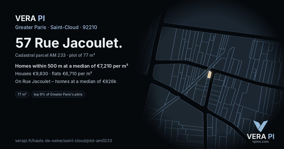 57 Rue Jacoulet, Saint-Cloud at night – the plot lit, the parcels around coloured by the prices near them