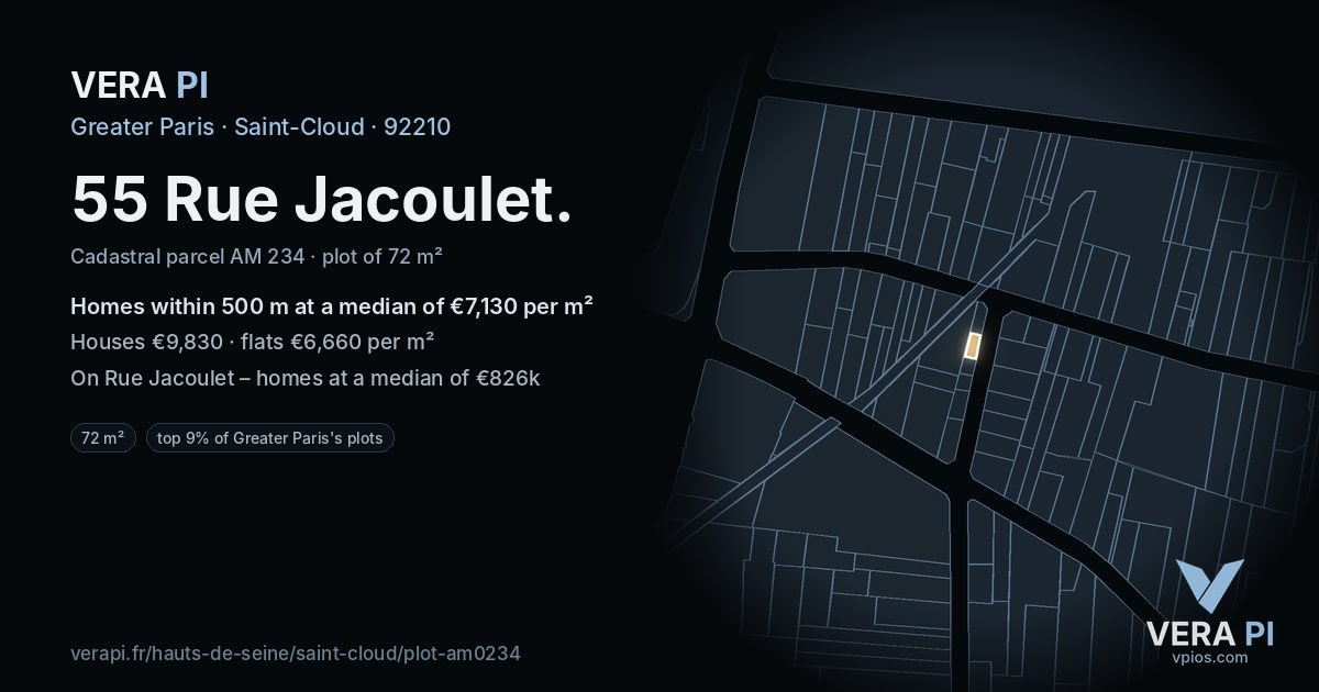 55 Rue Jacoulet, Saint-Cloud at night – the plot lit, the parcels around coloured by the prices near them
