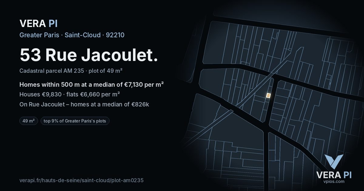 53 Rue Jacoulet, Saint-Cloud at night – the plot lit, the parcels around coloured by the prices near them