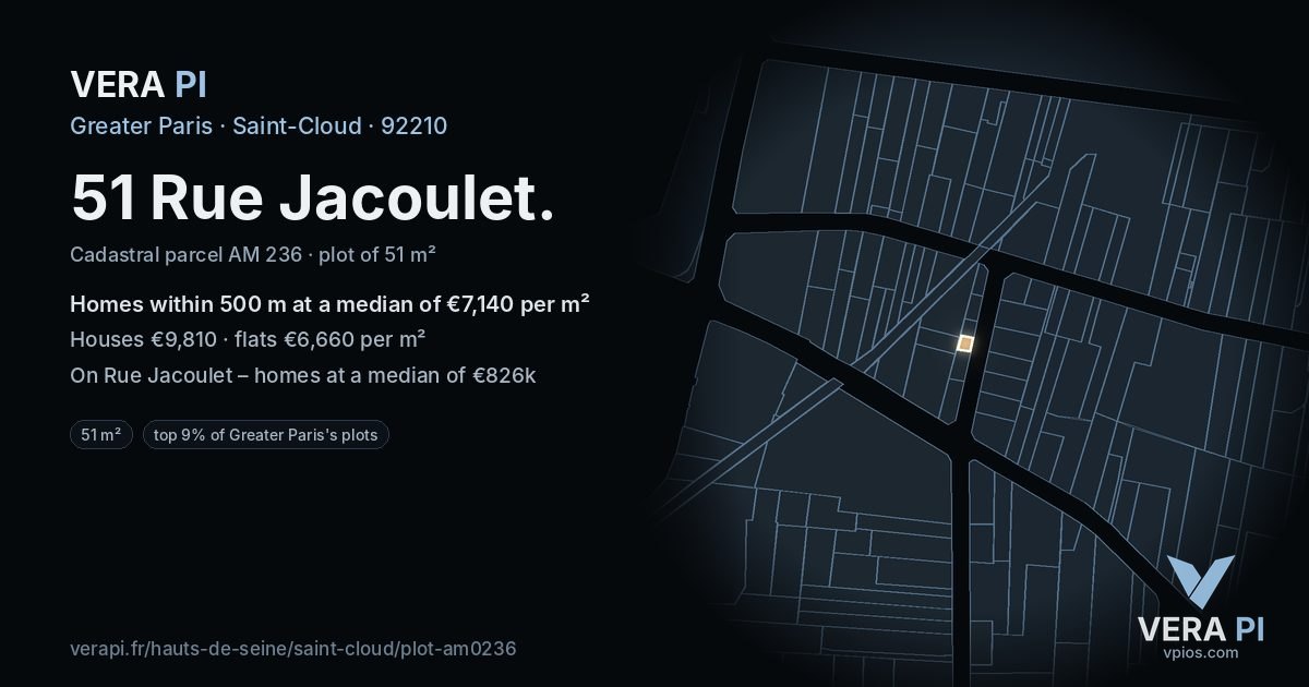51 Rue Jacoulet, Saint-Cloud at night – the plot lit, the parcels around coloured by the prices near them