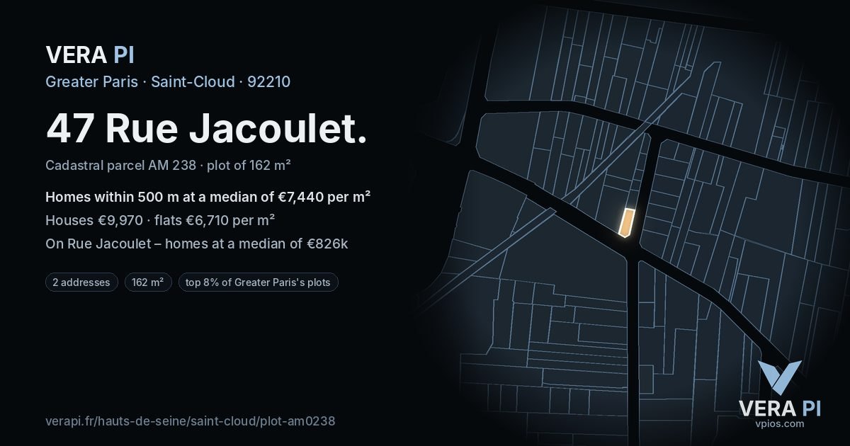 47 Rue Jacoulet, Saint-Cloud at night – the plot lit, the parcels around coloured by the prices near them