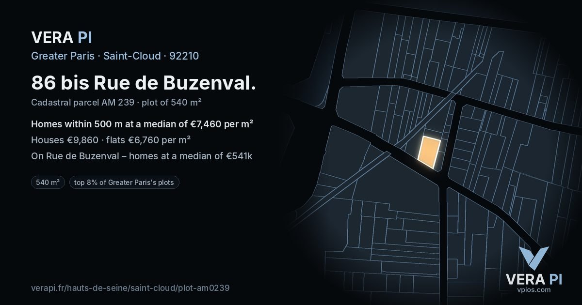86 bis Rue de Buzenval, Saint-Cloud at night – the plot lit, the parcels around coloured by the prices near them