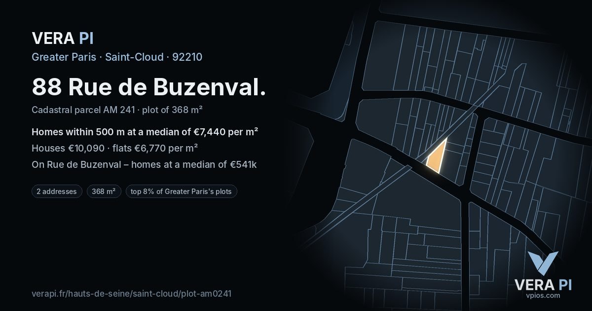 88 Rue de Buzenval, Saint-Cloud at night – the plot lit, the parcels around coloured by the prices near them