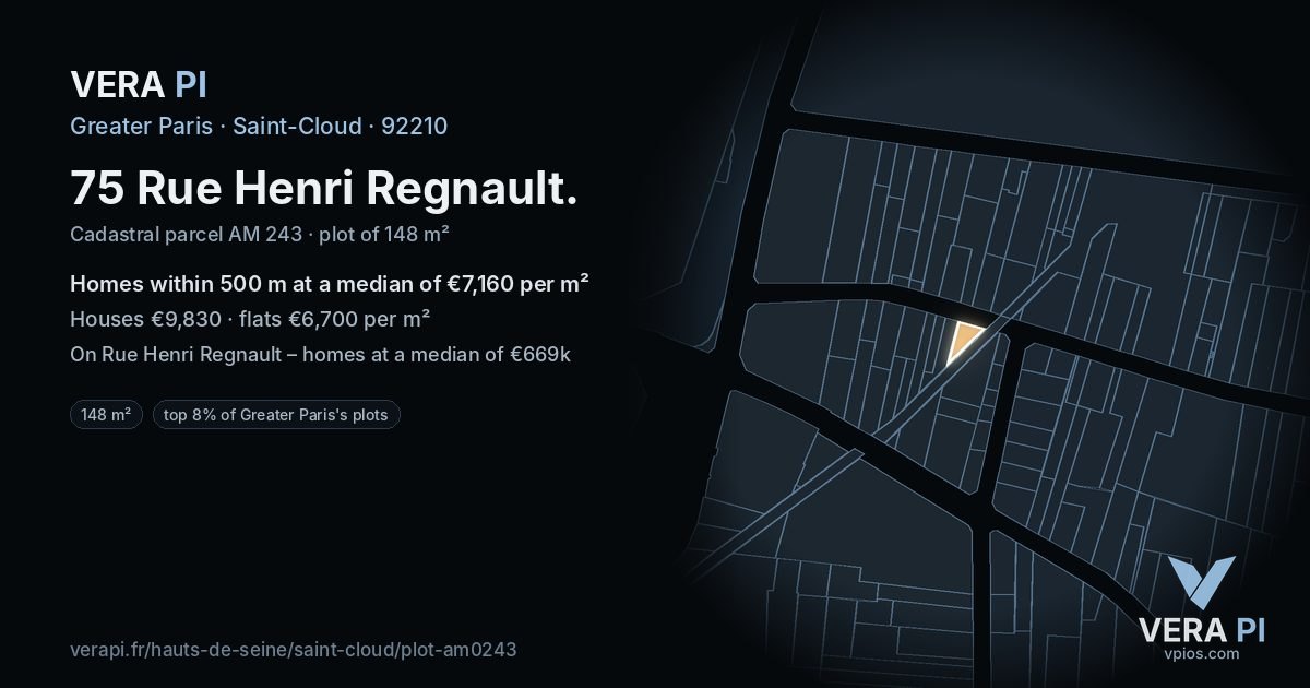 75 Rue Henri Regnault, Saint-Cloud at night – the plot lit, the parcels around coloured by the prices near them