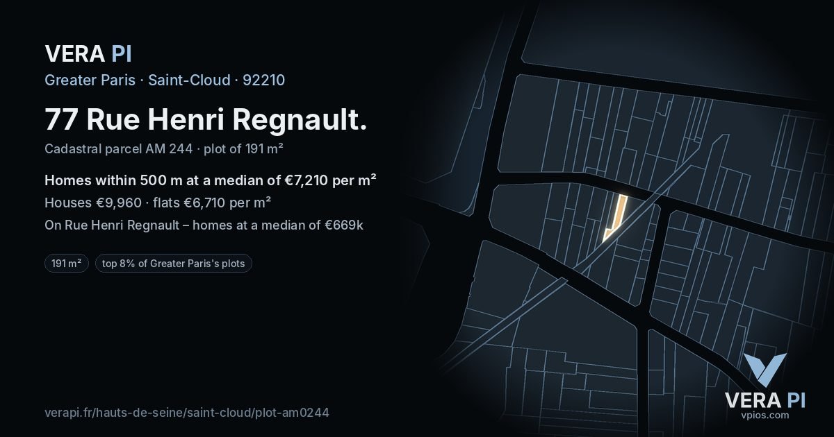 77 Rue Henri Regnault, Saint-Cloud at night – the plot lit, the parcels around coloured by the prices near them