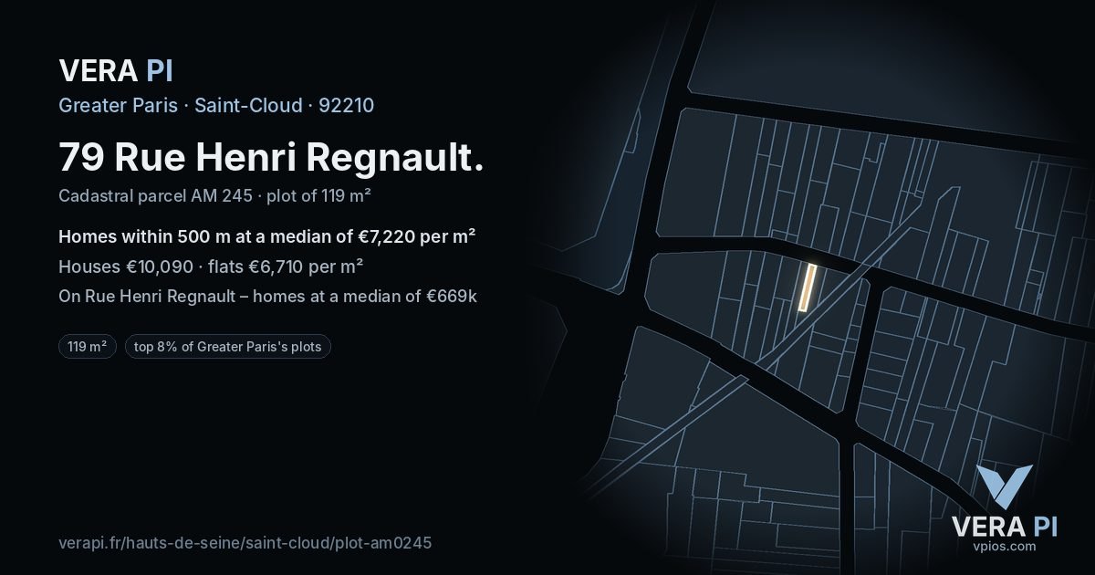 79 Rue Henri Regnault, Saint-Cloud at night – the plot lit, the parcels around coloured by the prices near them
