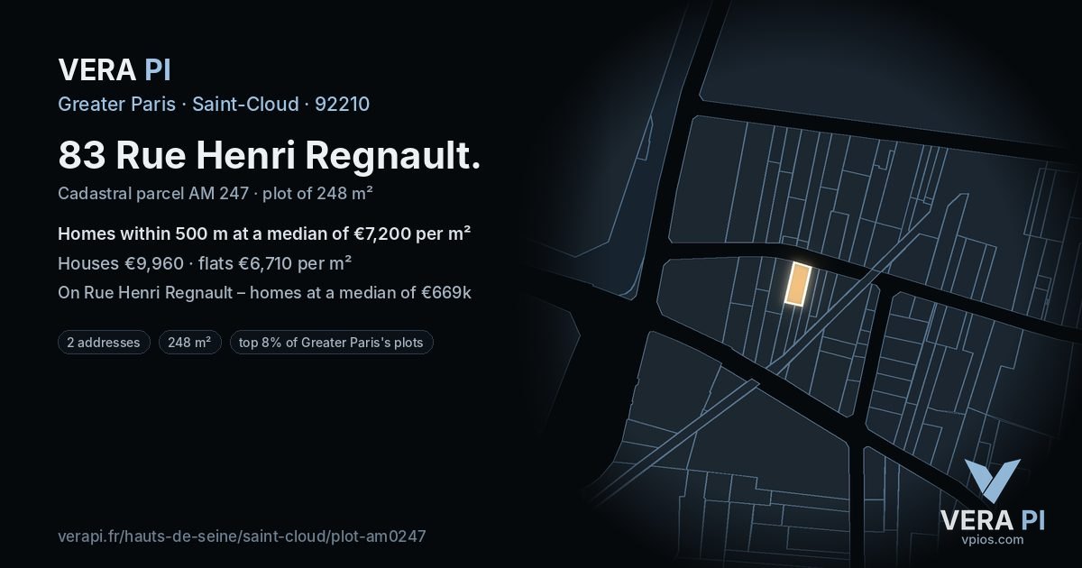 83 Rue Henri Regnault, Saint-Cloud at night – the plot lit, the parcels around coloured by the prices near them