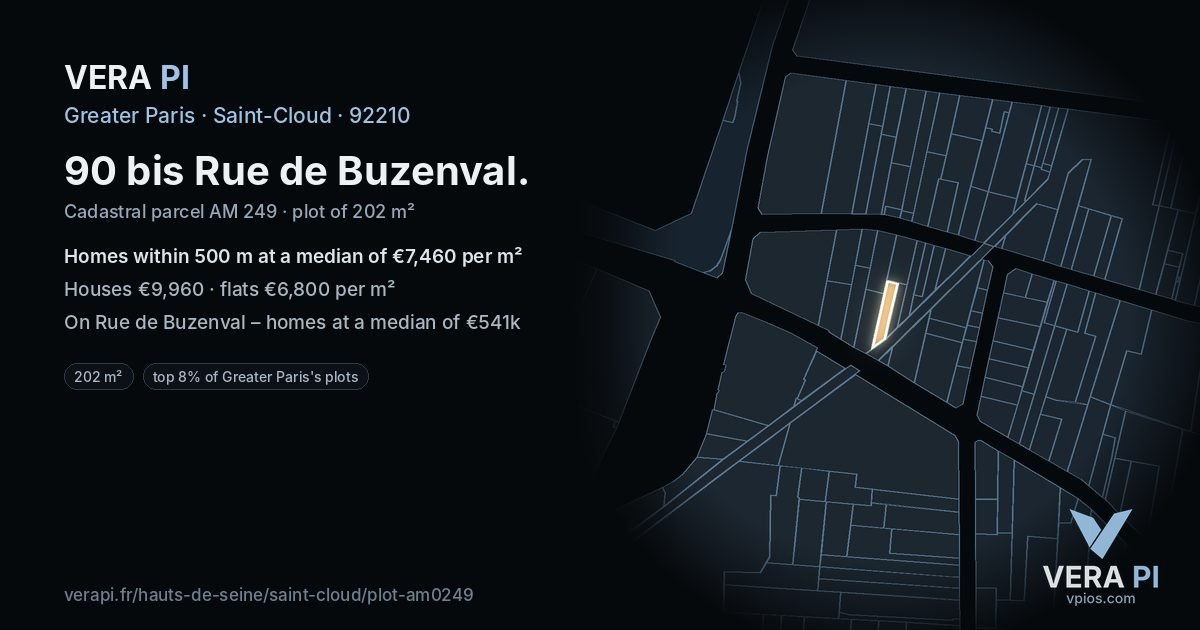 90 bis Rue de Buzenval, Saint-Cloud at night – the plot lit, the parcels around coloured by the prices near them