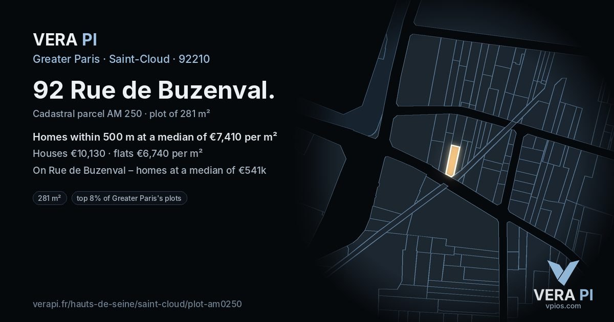 92 Rue de Buzenval, Saint-Cloud at night – the plot lit, the parcels around coloured by the prices near them