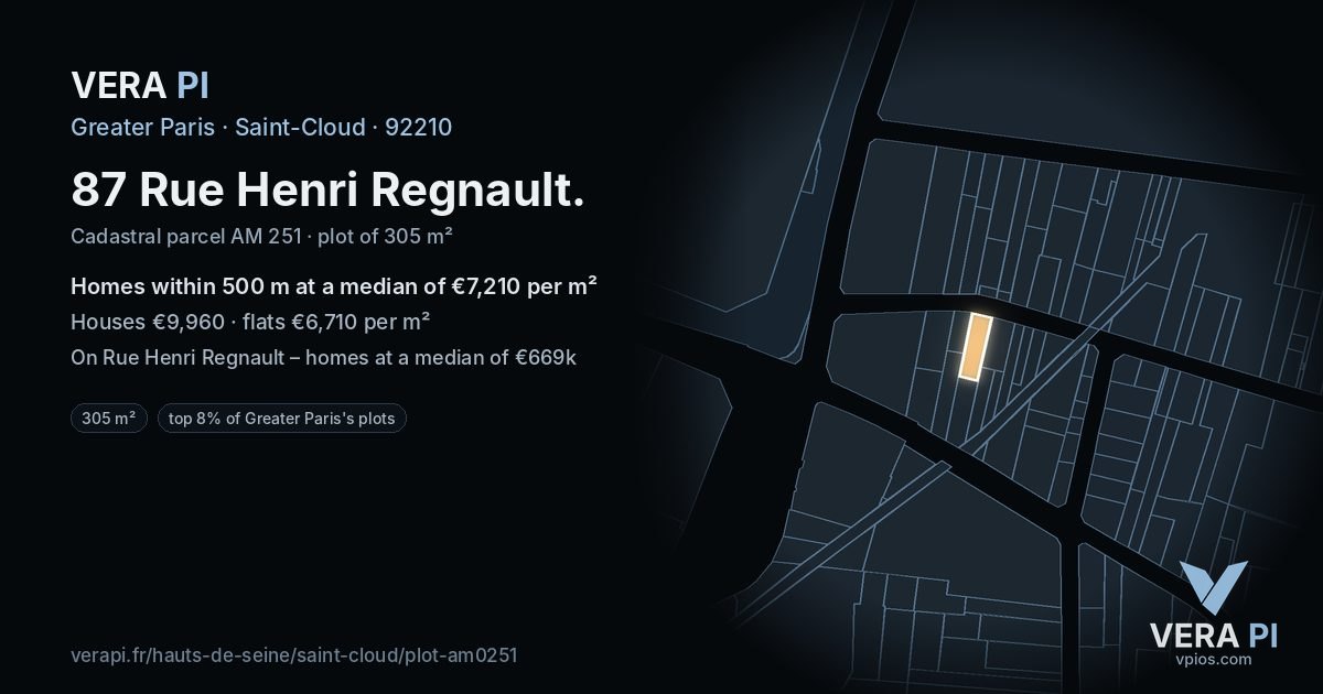 87 Rue Henri Regnault, Saint-Cloud at night – the plot lit, the parcels around coloured by the prices near them