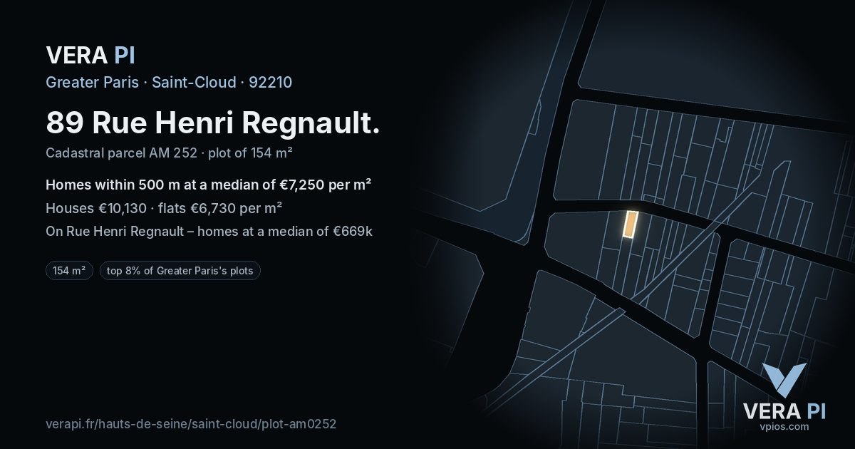 89 Rue Henri Regnault, Saint-Cloud at night – the plot lit, the parcels around coloured by the prices near them